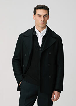 Siyah Kruvaze Yaka Diyagonal Kaban