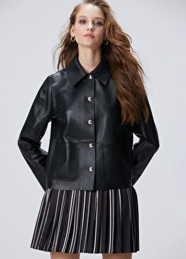 Siyah Çıtçıt Kapama Deri Mont