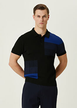 Drop 2 Siyah Mavi Polo Yaka Kısa Kollu Kazak