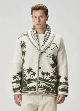 Bej Palmiye Desen Jakarlı Yün Triko Hırka