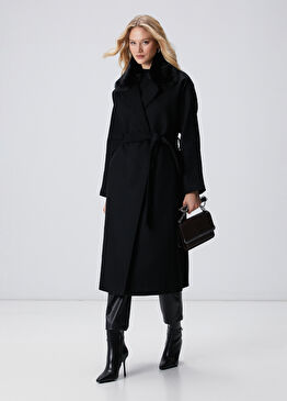 Siyah Kaşmir ve Yün Karışımlı Manto