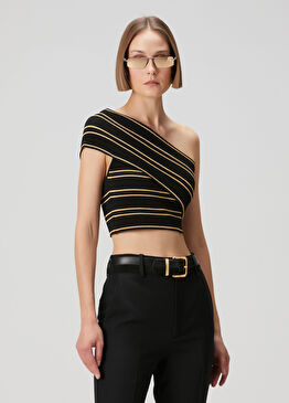 Siyah Tek Omuzlu Çizgili Bluz