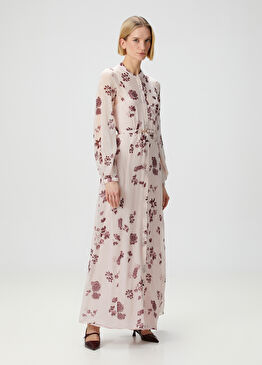 Pembe Çiçekli Maksi İpek Elbise