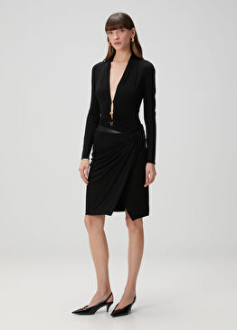 Siyah Drapeli Midi Krep Jersey Etek