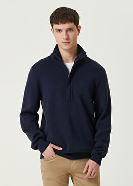 Lacivert Yakası Fermuarlı Yün Kazak