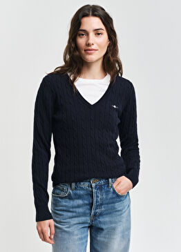 Lacivert Örgü V Yaka Kadın Kazak