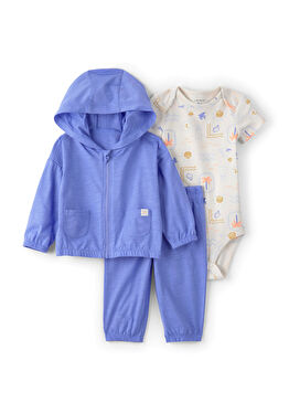 Mavi Kapüşonlu Hırka Pantolon ve Çıtçıtlı Body Erkek Bebek 3'lü Set