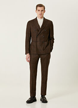 Kahverengi Ekose Desenli Kruvaze Yün Takım Elbise