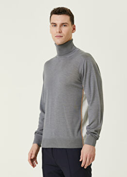 Gri Balıkçı Yaka Colorblocked Detaylı Yün Kazak