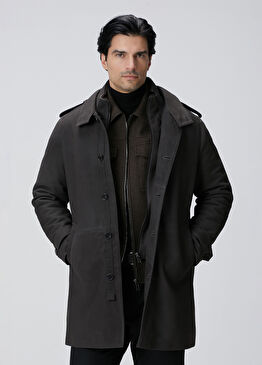 Kahverengi Yakası Kürklü Deri Kaban