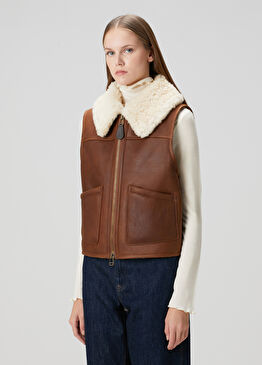 Kahverengi Shearling Deri Yelek