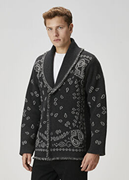 Gri Etnik Desen Jakarlı Yün Triko Hırka