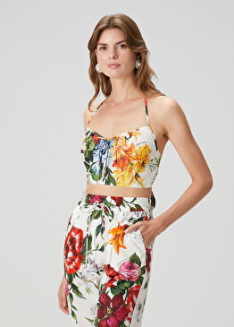 Beyaz Çiçekli Crop Poplin Bluz