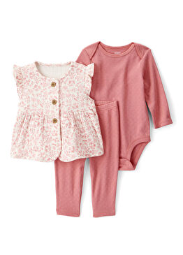 Pembe Uzun Kollu Body Panyolon ve Yelek Kız Bebek 3'lü Set