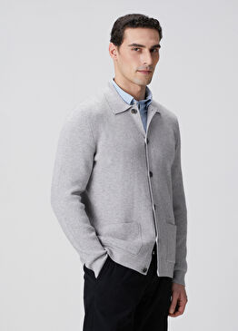 Gri Melanj Polo Yaka Reglan Kol Cepli Triko Hırka