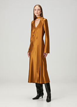 Audrey Bronz Şal Detaylı Midi Elbise