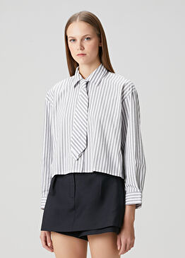 Beyaz Çizgili Taşlı Crop Gömlek
