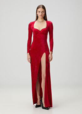 Kırmızı Maksi Kadife Abiye Elbise