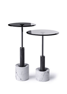 Tulia Cam Tablalı Leylak Ahşap Mermer Ayaklı 2'li Yan Sehpa Seti