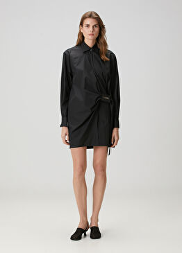 Siyah Drapeli Mini Gömlek Elbise