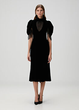 Siyah Midi Kadife Kokteyl Elbise