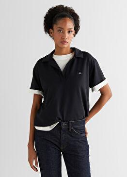 Siyah Polo Yaka Relaxed Fit Kısa Kollu Kadın T-shirt