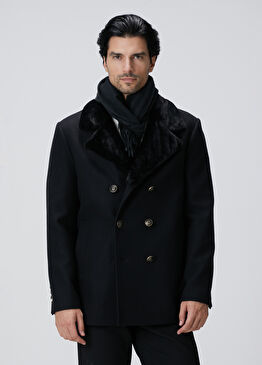 Siyah Kruvaze Yakası Kürklü Gemici Kaban