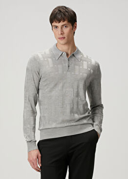 Gri Polo Yaka Logo Jakarlı İpek Triko