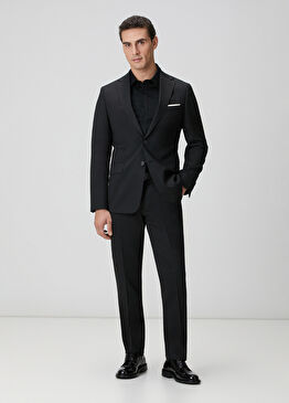 Siyah Diyagonal Yün Karışımlı Takım Elbise