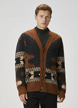 Kahverengi Etnik Desen Jakarlı Yün Triko Hırka