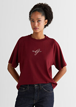 Nakışlı Kırmızı Kısa Kollu Kadın T-shirt