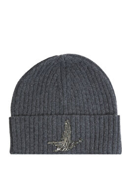 Antrasit Parlak Kaz Logolu Kadın Yün Bere