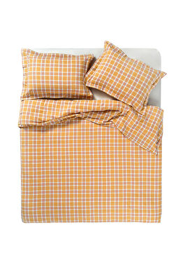 Vıseu Hardal Sarısı Pamuk Ekoseli Flanel Ekstra King Size Nevresim Seti 260 x 220 cm