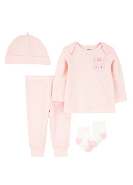 Pembe Pantolon Body Şapka Çorap Kız Bebek 3'lü Set