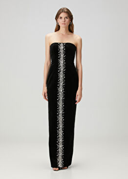 Siyah İşlemeli Maksi Kadife Abiye Elbise