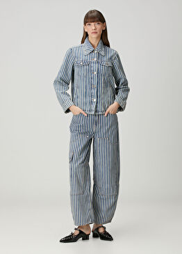 Relaxed Fit Mavi Çizgili Jean Pantolon