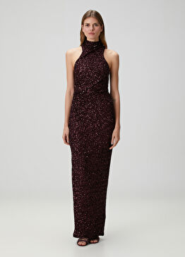 Bordo Payetli Maksi Abiye Elbise