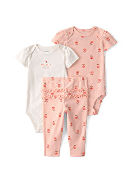 Turuncu Desenli Kısa Kollu Body ve Pantolon Kız Bebek 3'lü Set