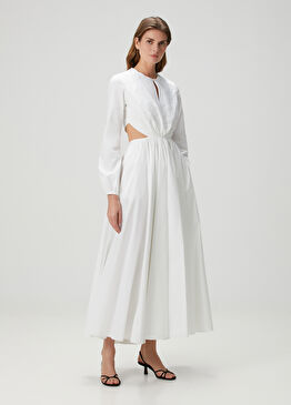 Beyaz Nakışlı Maksi Elbise