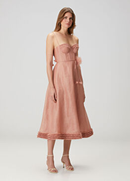 Pembe Midi Keten Elbise