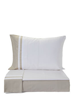 Kubric Bej Beyaz Pamuk Saten Nevresim Takımı