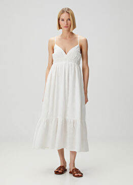 Beyaz Nakışlı Midi Elbise