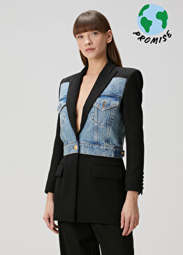 Siyah Denim Garnili Yün Ceket