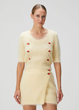 Sarı Nakışlı Crop Yün Triko