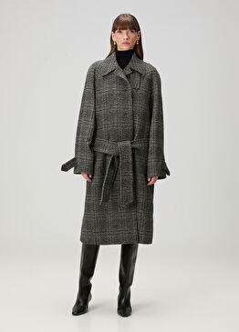 Siyah Gri Desenli Yün Palto