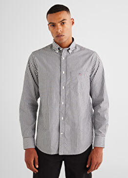 Siyah Çizgili Düğmeli Yaka Regular Fit Uzun Kollu Erkek Gömlek