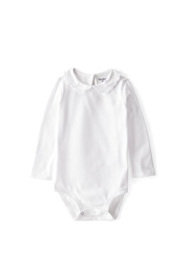 Beyaz Fistolu Yaka Uzun Kollu Kız Bebek Çıtçıtlı Body