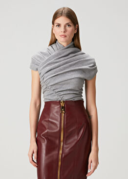 Gri Büzgü Detaylı Yün Bluz