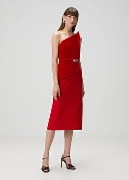 Kırmızı Straplez Midi Kokteyl Elbise