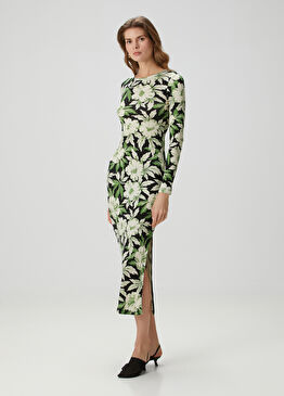 Siyah Yeşil Çiçekli Midi İpek Elbise